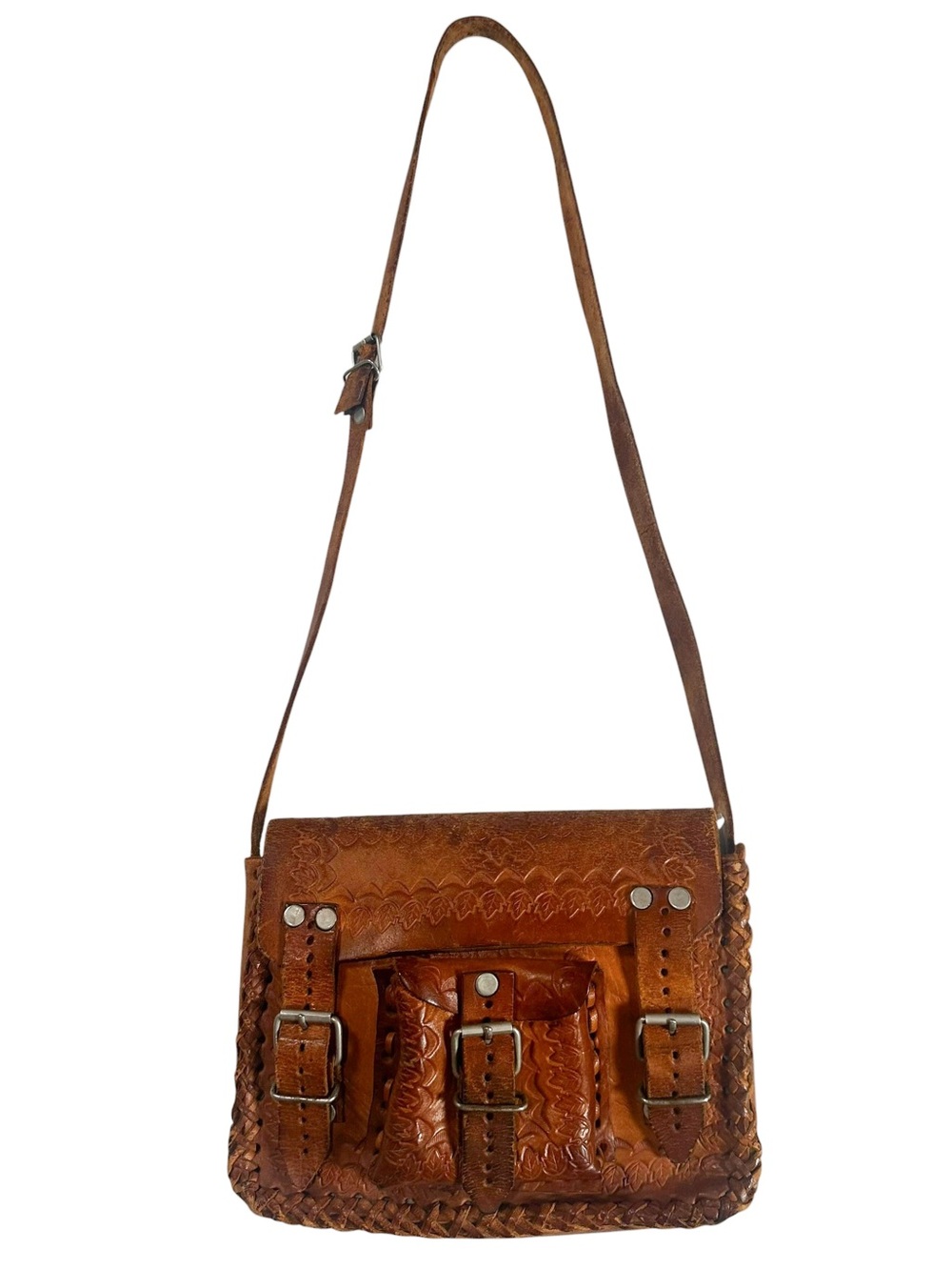 Vintage Style Hand Tooled Leather Crossbody Saddle Bag Boho Festival Purse Small